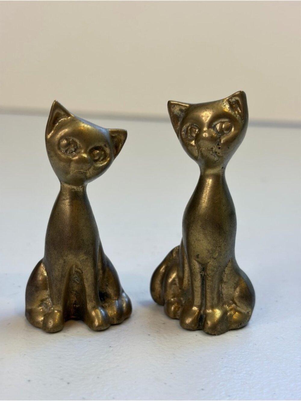Vintage 1950s Mid Century Brass Siamese Cat Statue Mini Pair Figurine MCM
